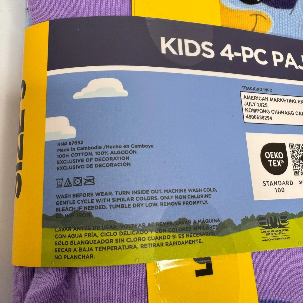 Bluey Bingo Toddler Sz 5, 4Piece Pajama Set 100% Cotton Purple Blue Glitter Gift
